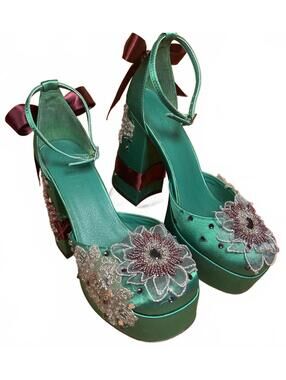 Silent D Green Satin Platform Heels with Floral Embellishments and Bow